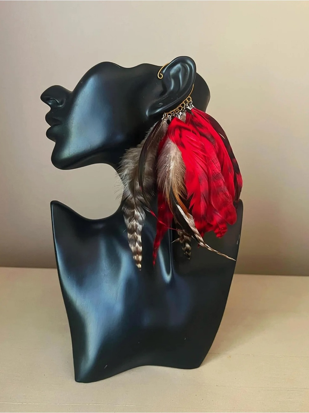 Red Feather Ear Cuff - Boho Statement Earring